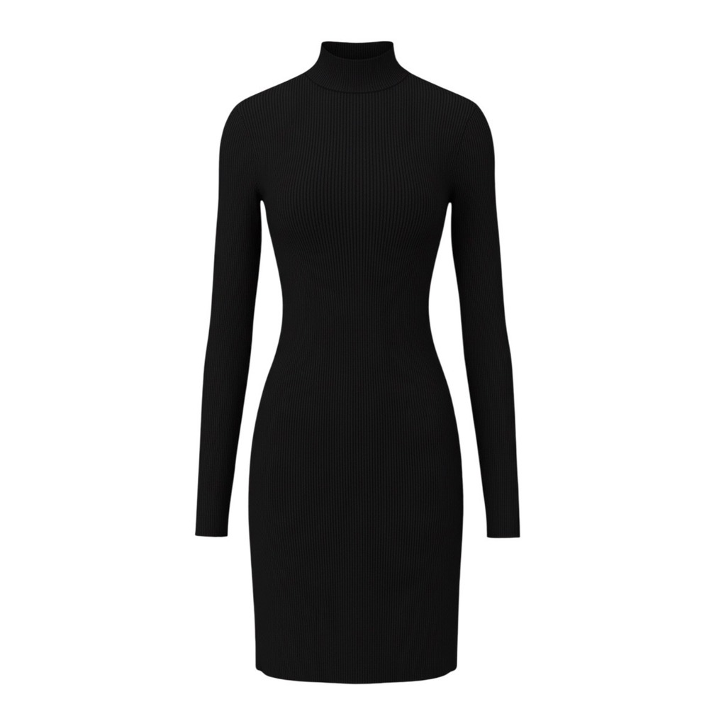 Gilli Ribbed Black Dress Large Knee Length Cocktail Casual Open Back Mock Neck